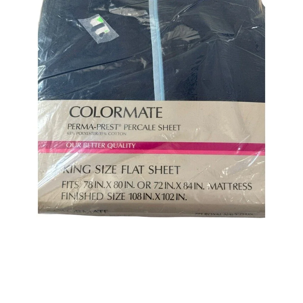 Rare Colormate Perma Prest Percale Sheet King Size Flat Sheet Blue Vintage New